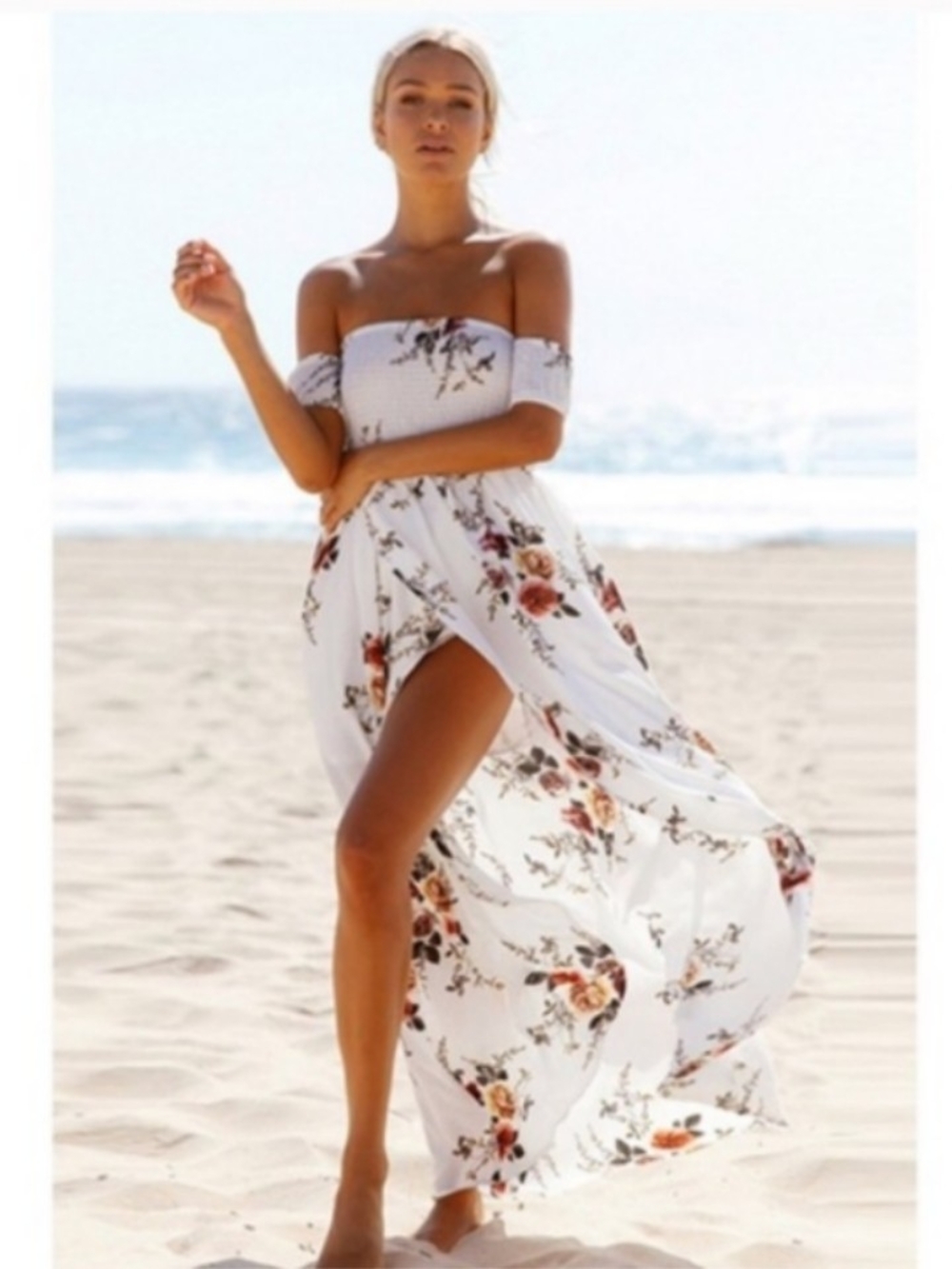 Boho Chic Beach Hut White Pink Floral Off The Shoulder Maxi Dress Slit Small